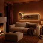 Walnut backlit stone-textured wall panel lit above the furniture in a snug