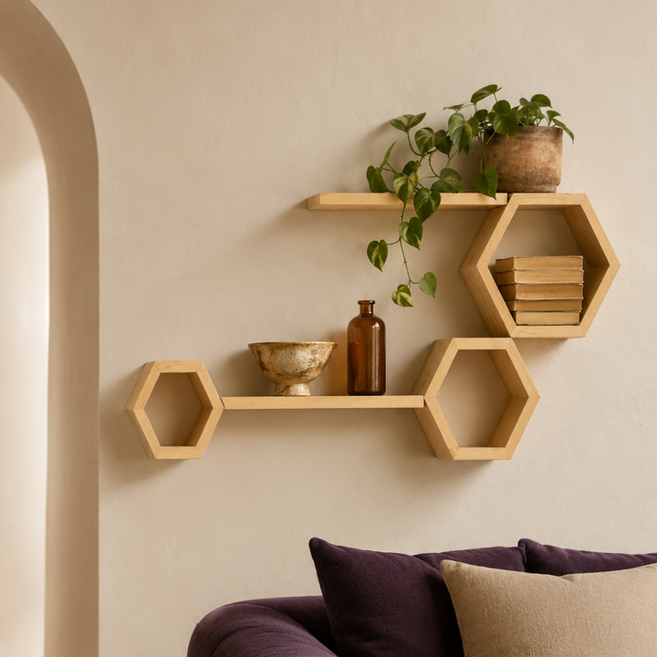 5-Piece Pine Ledge Wall Shelf Set in a sitting room