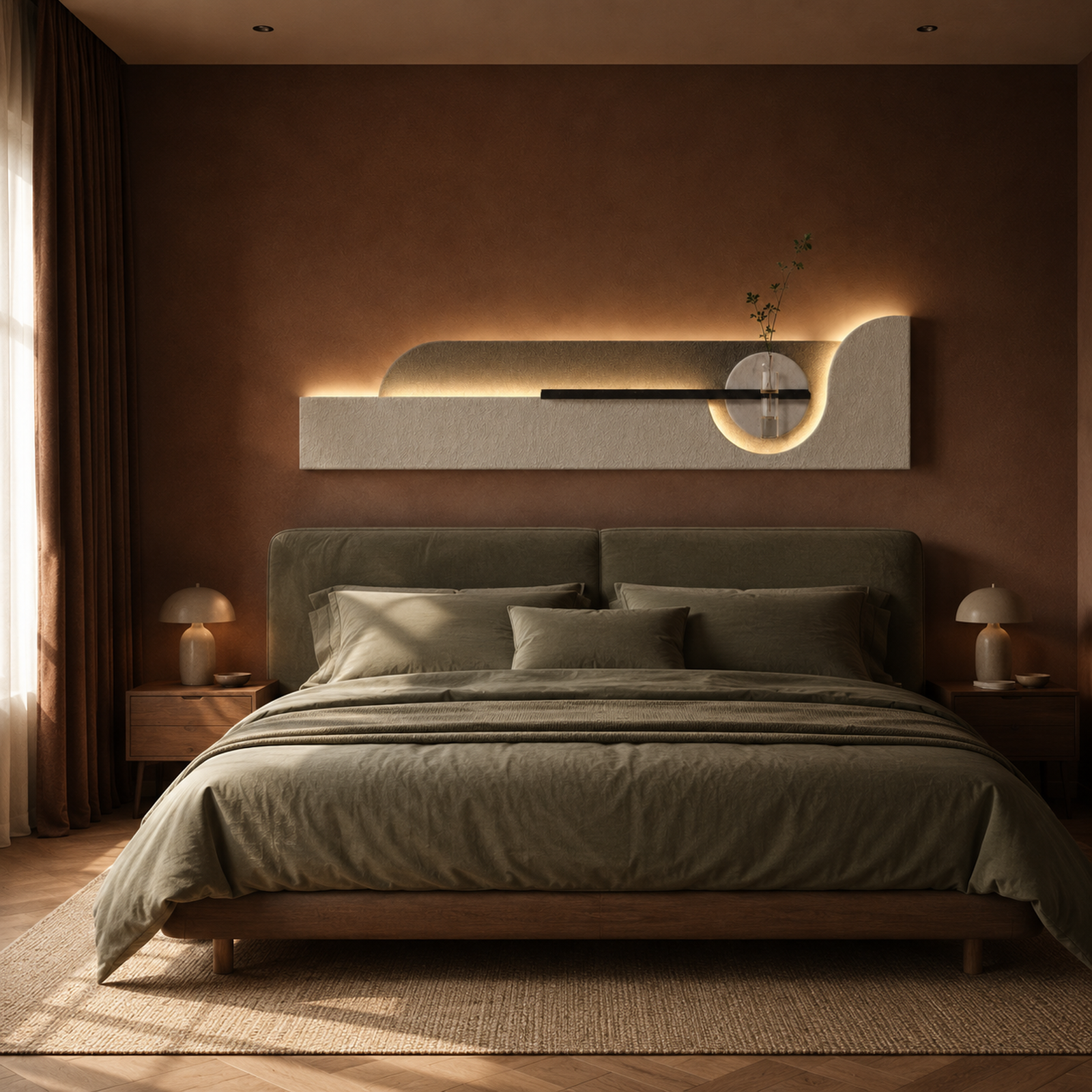 Cream / Arch backlit curved wall panel lit above the furniture in a bedroom