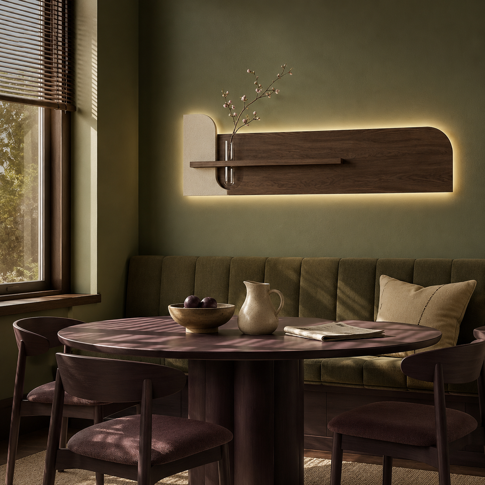 Cream backlit stone-textured wall panel lit above the furniture in a breakfast room