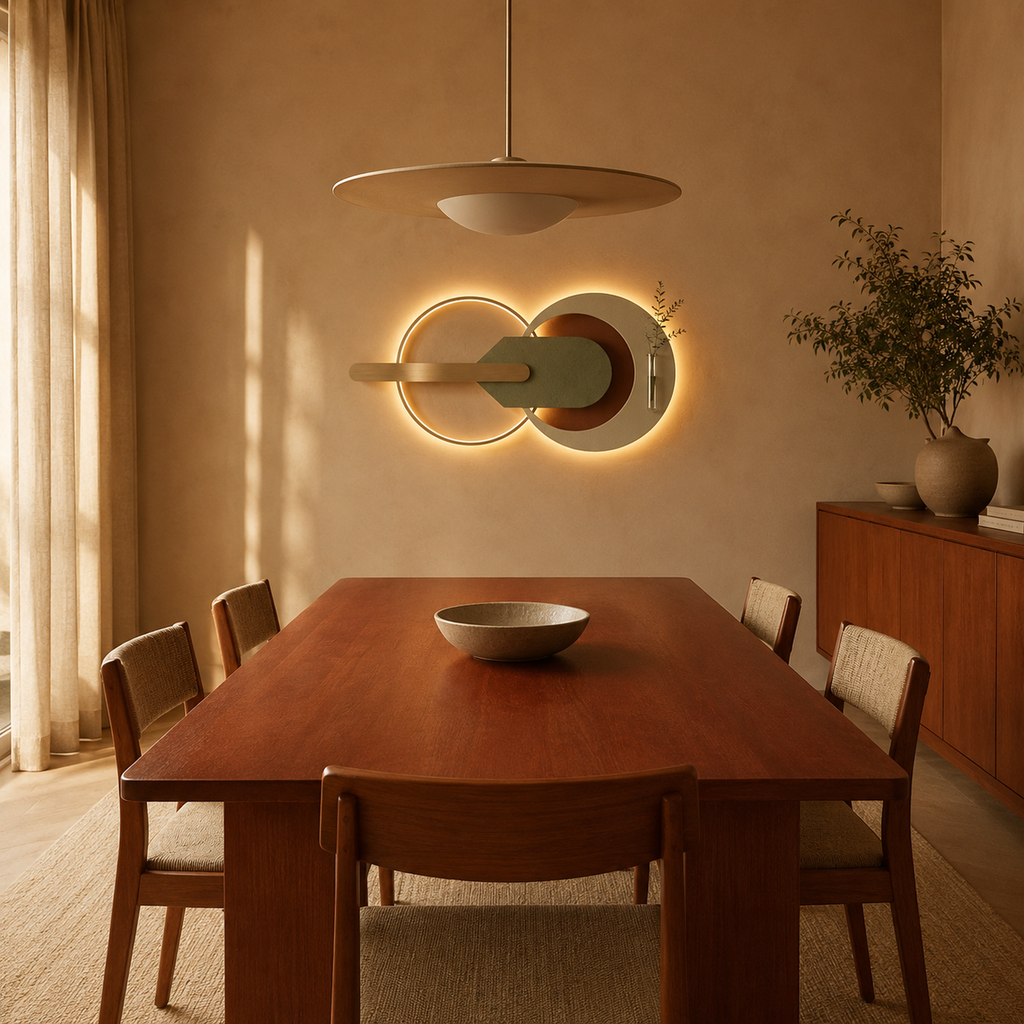 Sage fluted sandstone wall panel lit above the furniture in a dining room