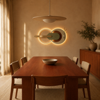Sage fluted sandstone wall panel lit above the furniture in a dining room