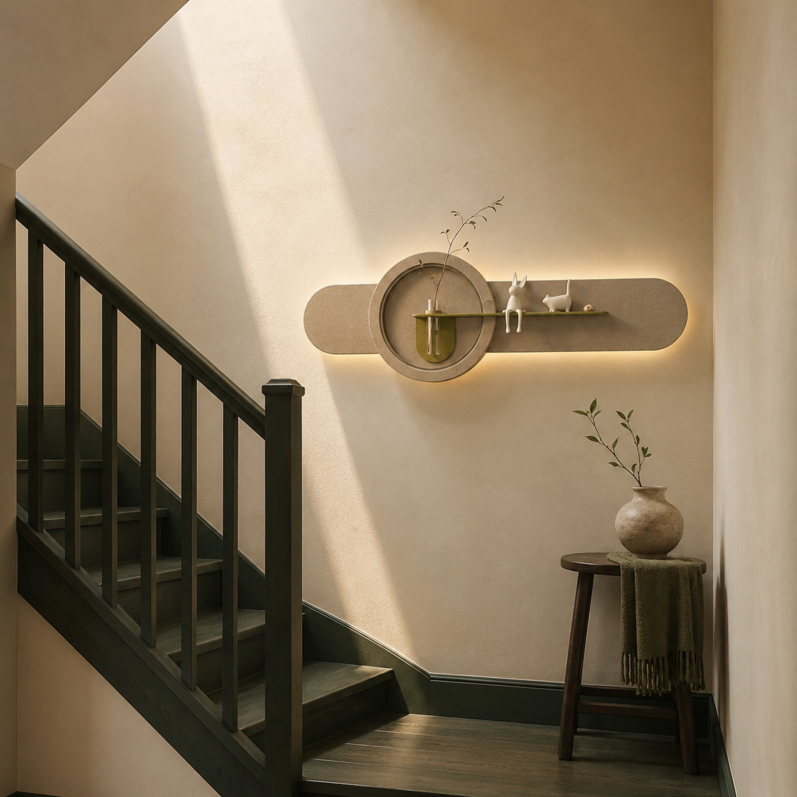Sage oval backlit wall panel lit above the furniture in a stairwell