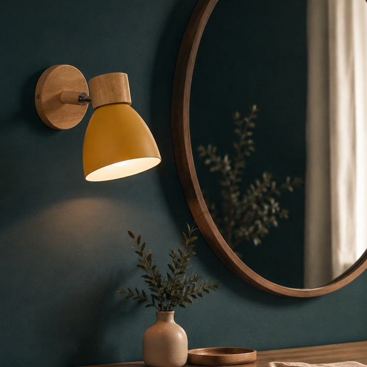 Macaron Bedside Wall Sconce, Adjustable Wood Base Wall Lamp, 3 Shapes 13 Colors in a dressing area