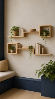 6-Piece Pine Cube and Ledge Wall Shelves in a plant corner