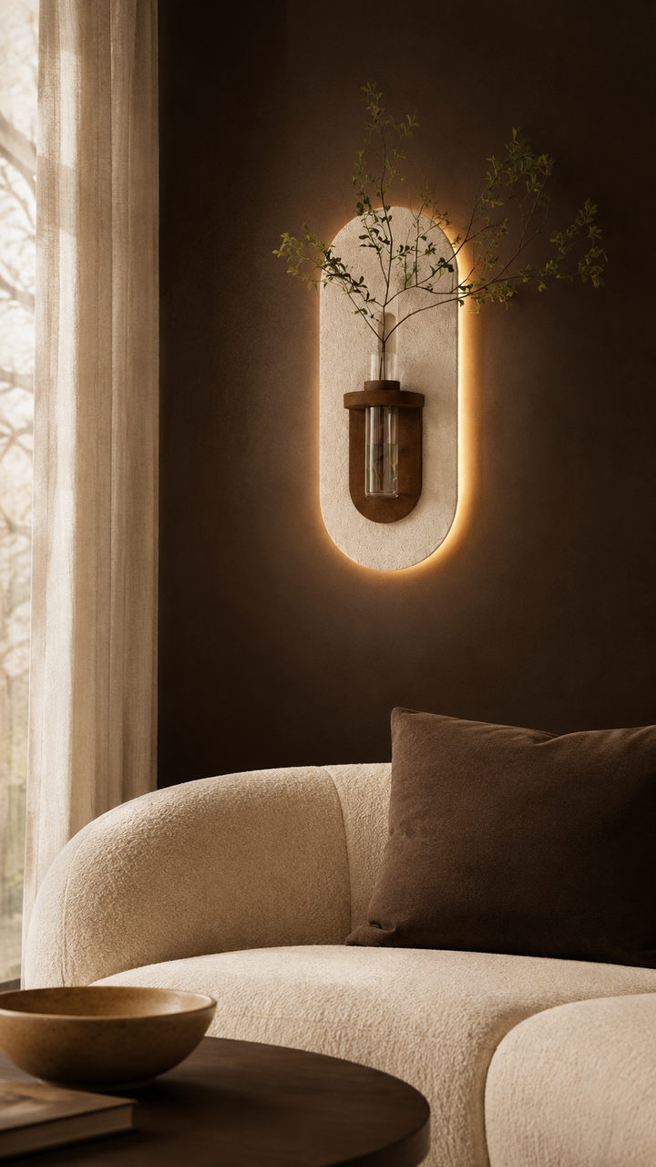 Wall Mounted Vase with LED Backlight, Textured Capsule Panel and Shelf in a sitting room