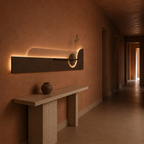 Mocha / Arch backlit curved wall panel lit above the furniture in a gallery corridor