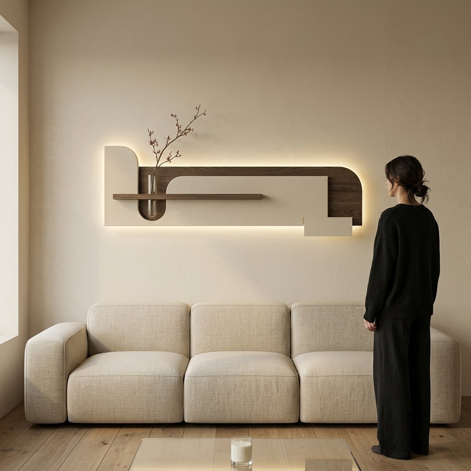 Cream backlit stone-textured wall panel shown to scale beside a person for true size reference