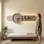 Sage oval backlit wall panel shown to scale beside a person for true size reference