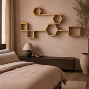 8-Piece Pine Hexagon Modular Wall Shelves in a guest bedroom