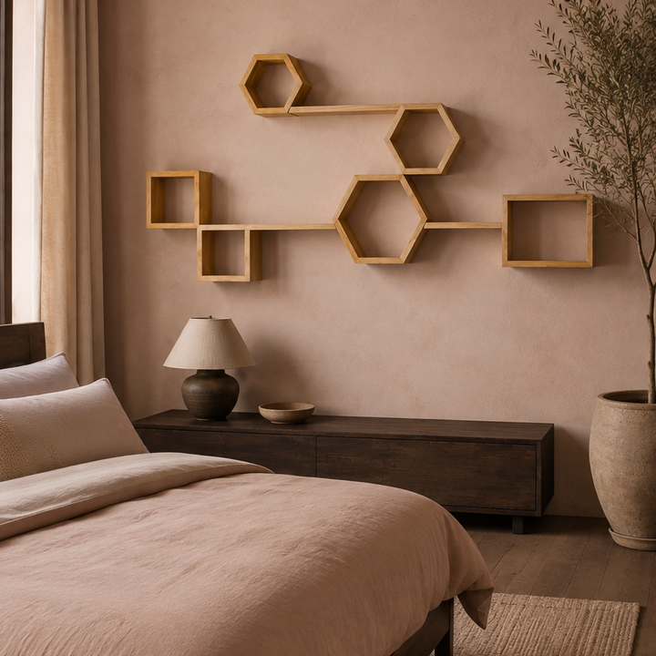 8-Piece Pine Hexagon Modular Wall Shelves in a guest bedroom