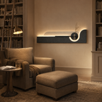 Charcoal / Arch backlit curved wall panel lit above the furniture in a library