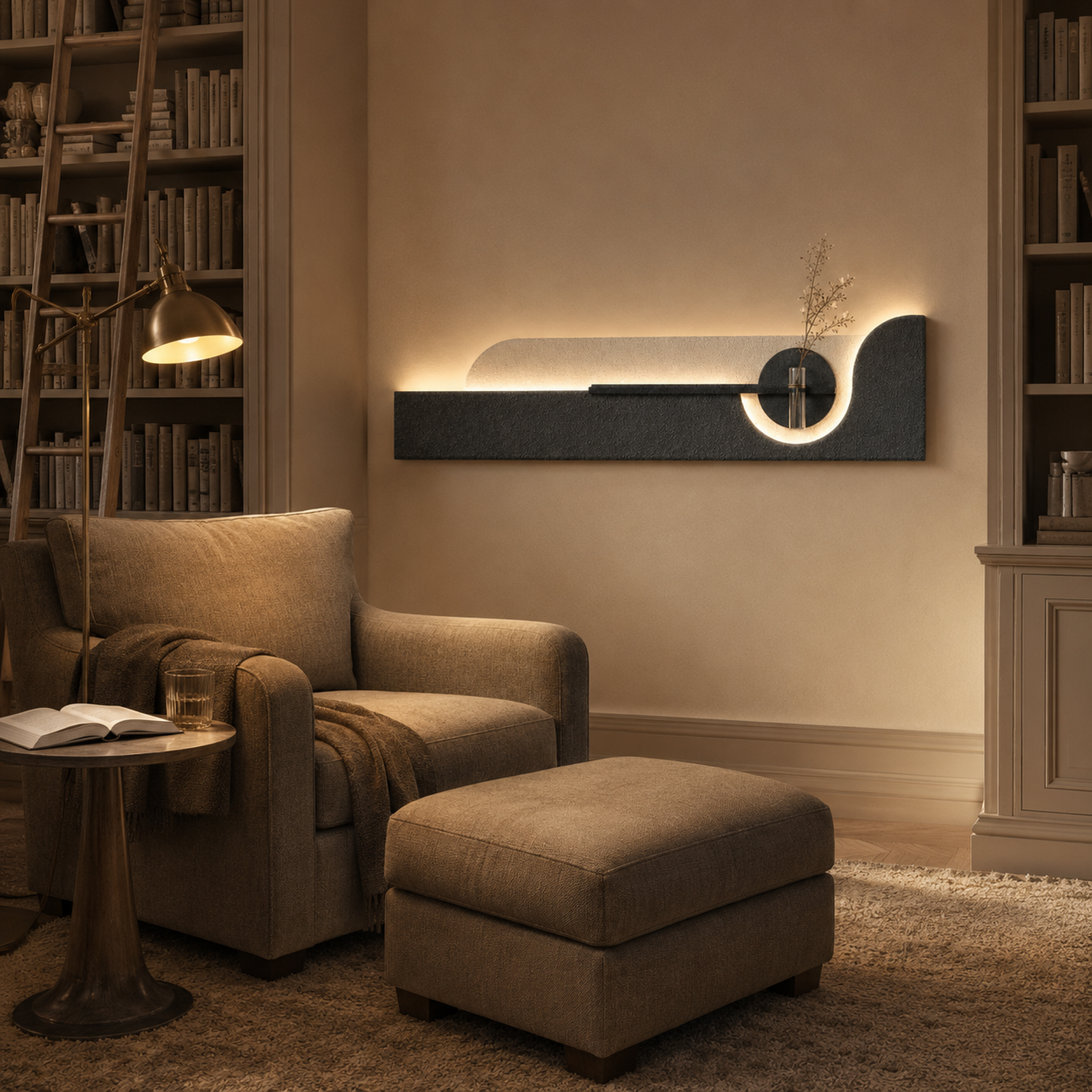 Charcoal / Arch backlit curved wall panel lit above the furniture in a library