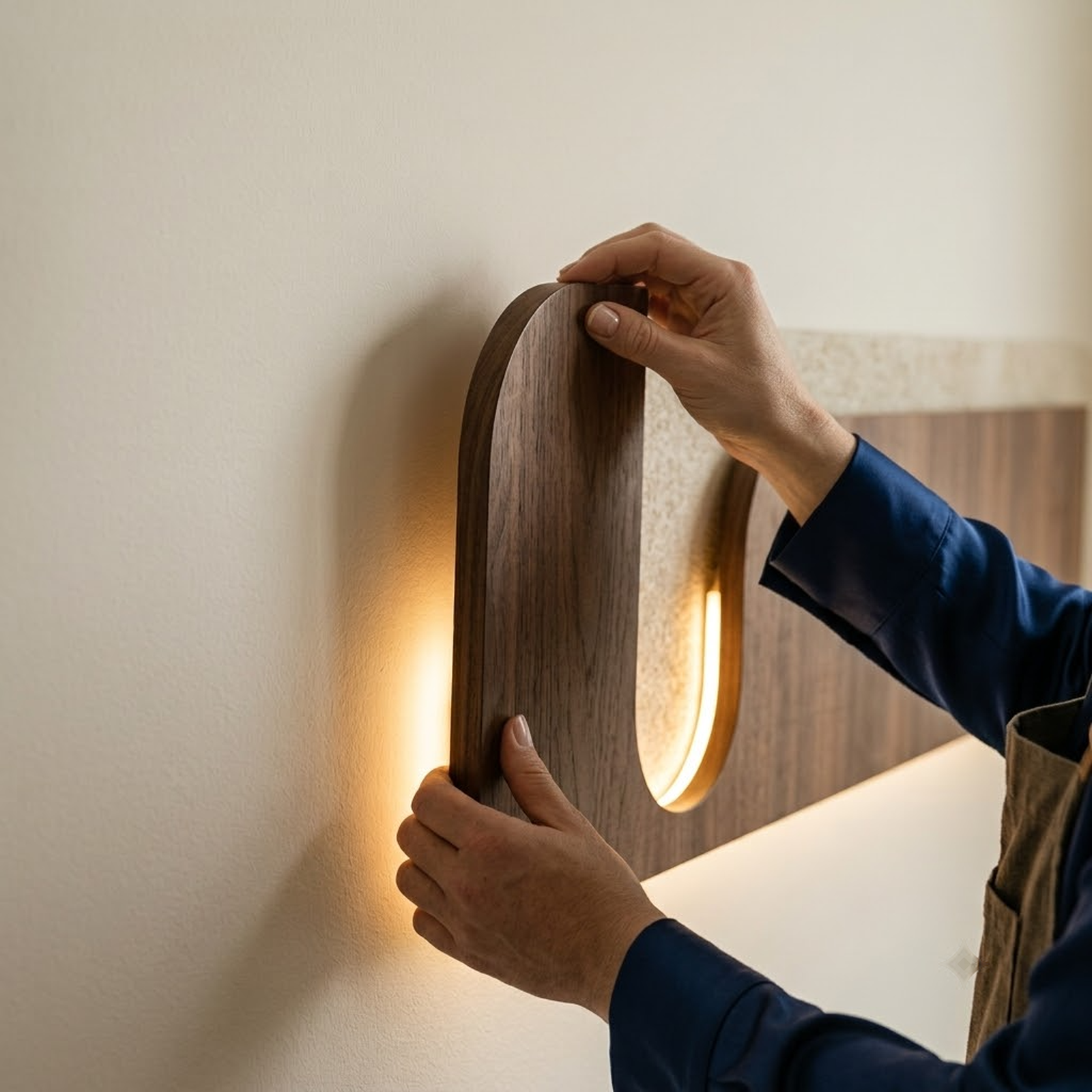 Walnut backlit stone-textured wall panel shown being mounted, hardware visible, LED off