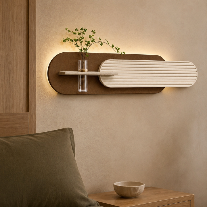 Fluted Wall Panel with Bud Vase, Backlit Sandstone Capsule Art, 150 cm in a guest bedroom