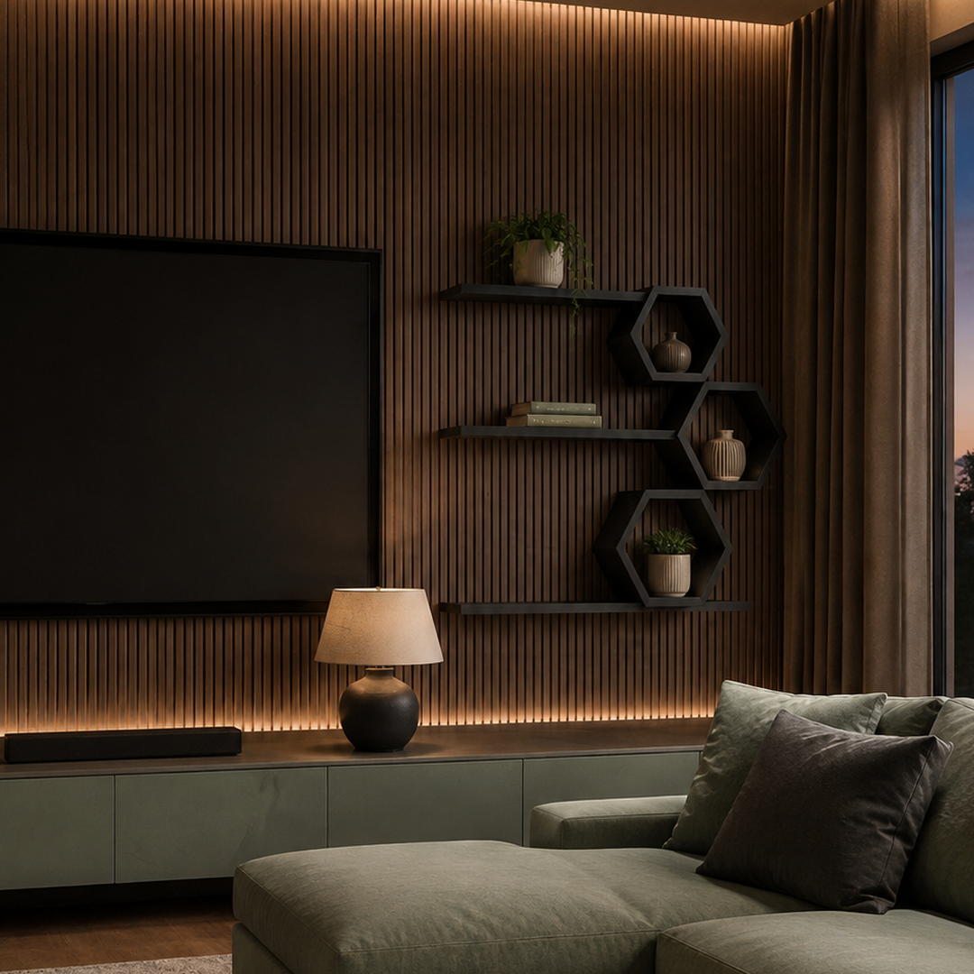 A modern living room featuring a sage green sectional sofa, a matching ribbed side table with books, a large black TV mounted on a slatted wood wall with warm LED lighting, and hexagonal floating shelves.