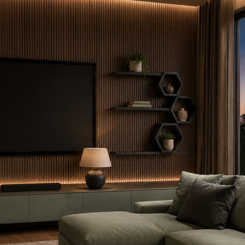 A modern living room featuring a sage green sectional sofa, a matching ribbed side table with books, a large black TV mounted on a slatted wood wall with warm LED lighting, and hexagonal floating shelves.