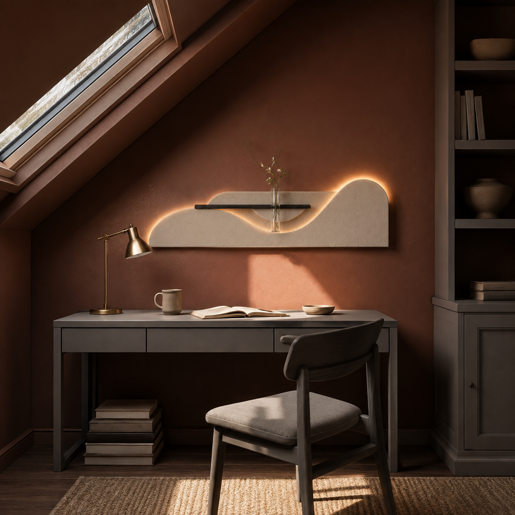 Cream / Wave backlit curved wall panel lit above the furniture in a loft study