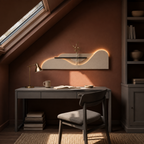 Cream / Wave backlit curved wall panel lit above the furniture in a loft study