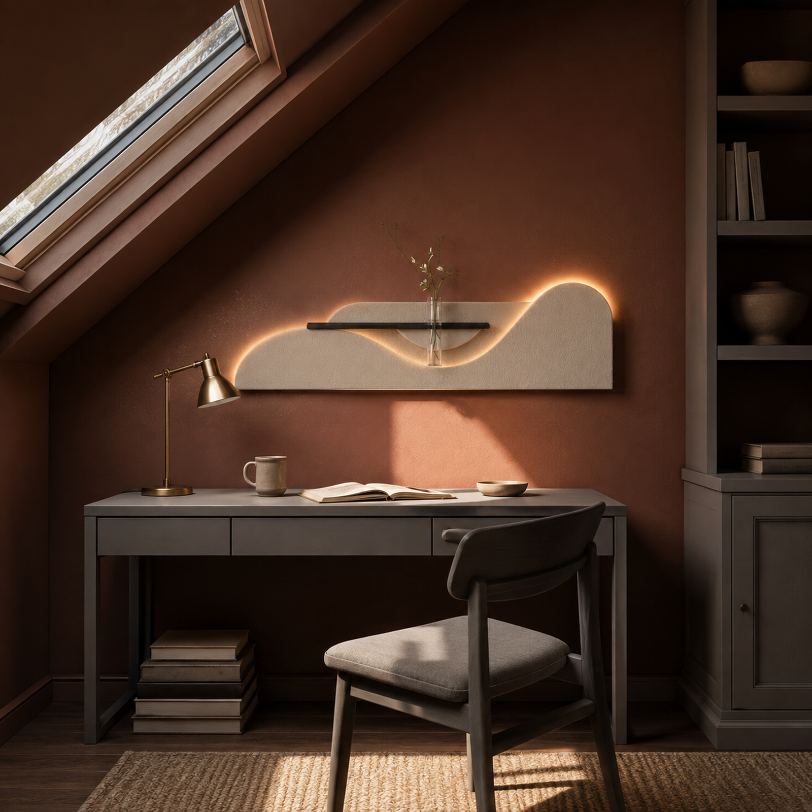 Cream / Wave backlit curved wall panel lit above the furniture in a loft study