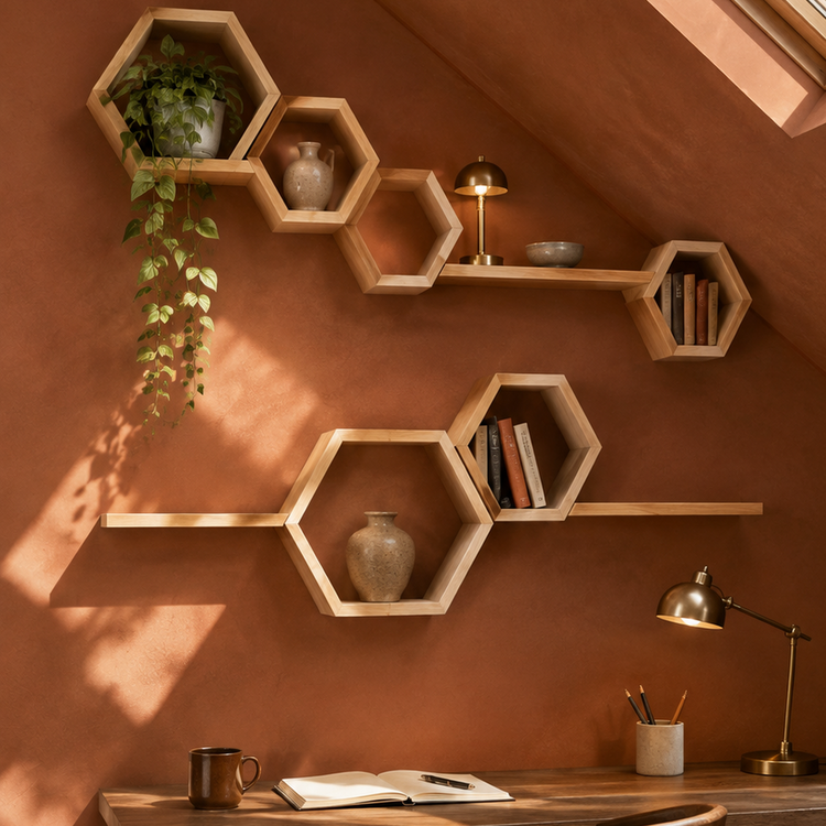 A styled home office corner with a rustic wooden desk and chair under a slanted attic roof, featuring light wood hexagonal floating shelves mounted on a terracotta-colored wall. The shelves hold books, ceramic vases, and a trailing green plant, with warm sunlight casting dramatic shadows across the room.