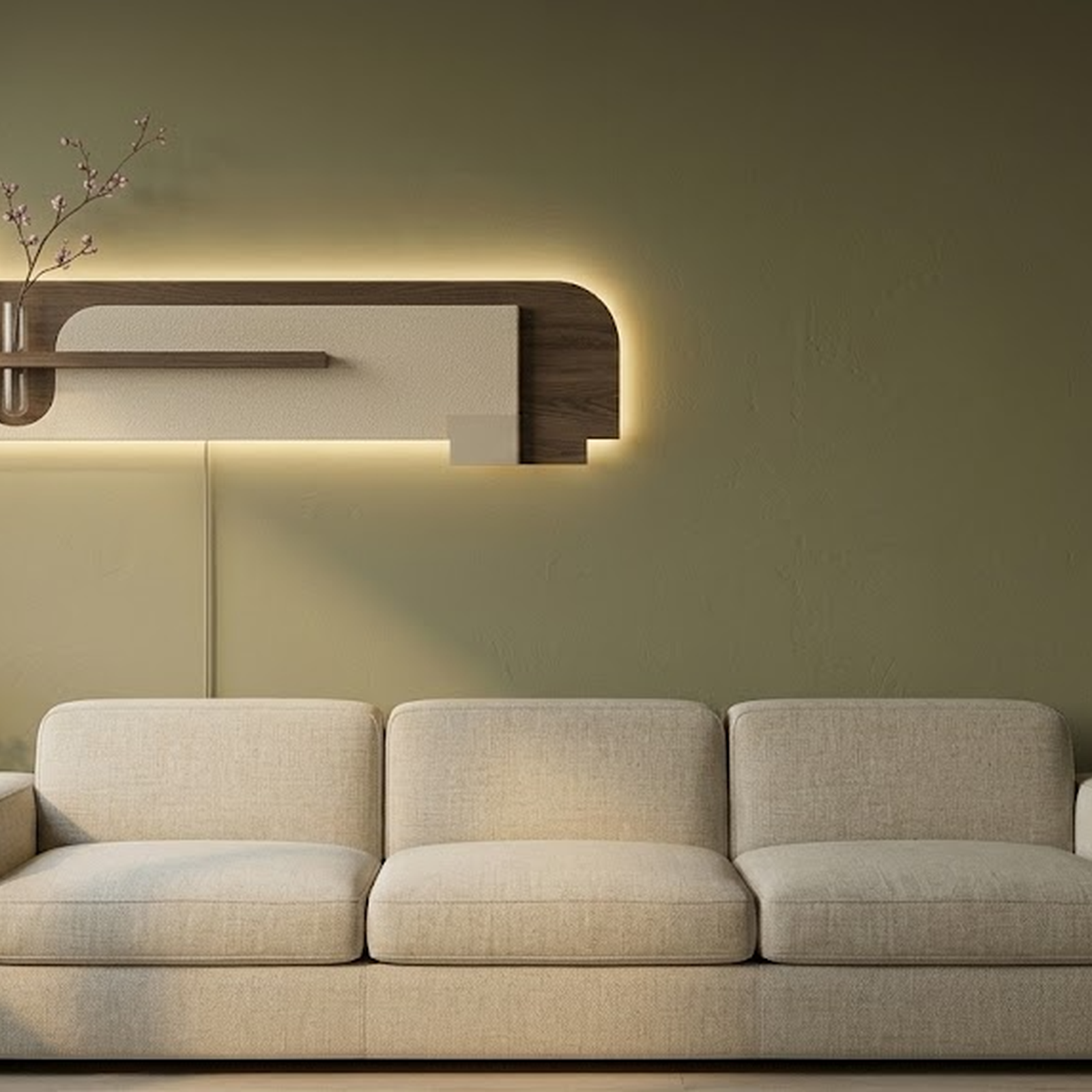 Cream backlit stone-textured wall panel shown powered on with its cord routed to a wall outlet