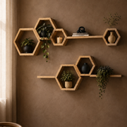 Wooden hexagonal wall shelves mounted on a textured brown wall, styled with small potted green plants and decorative vases in a warm dining room setting.