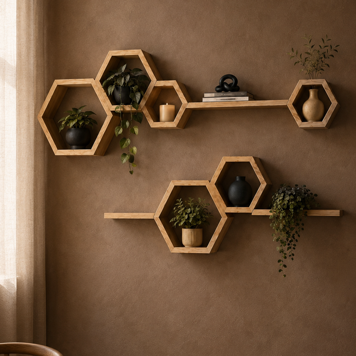 Wooden hexagonal wall shelves mounted on a textured brown wall, styled with small potted green plants and decorative vases in a warm dining room setting.