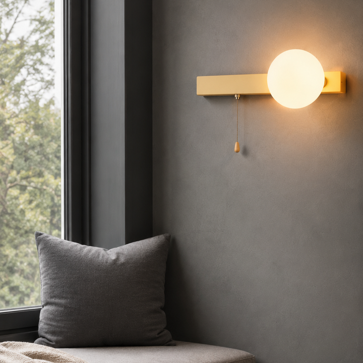 Globe Wall Sconce with Switch, Pull Chain Glass Wall Lamp, 4 Shapes 4 Colors in a window seat