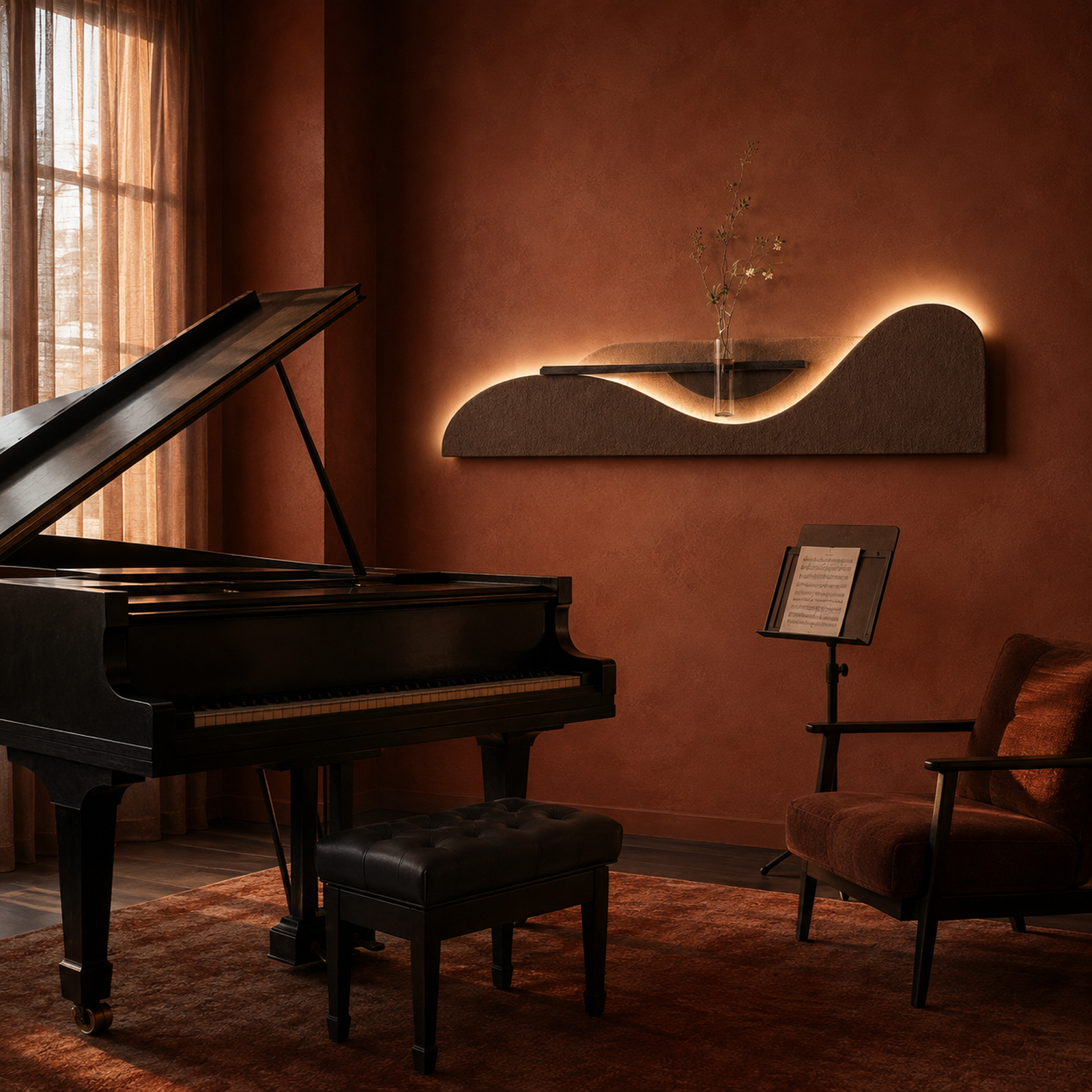 Mocha / Wave backlit curved wall panel lit above the furniture in a music room