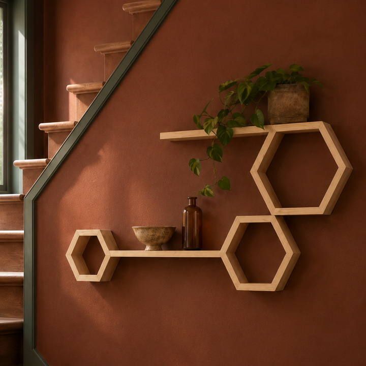 5-Piece Pine Ledge Wall Shelf Set in a stair wall