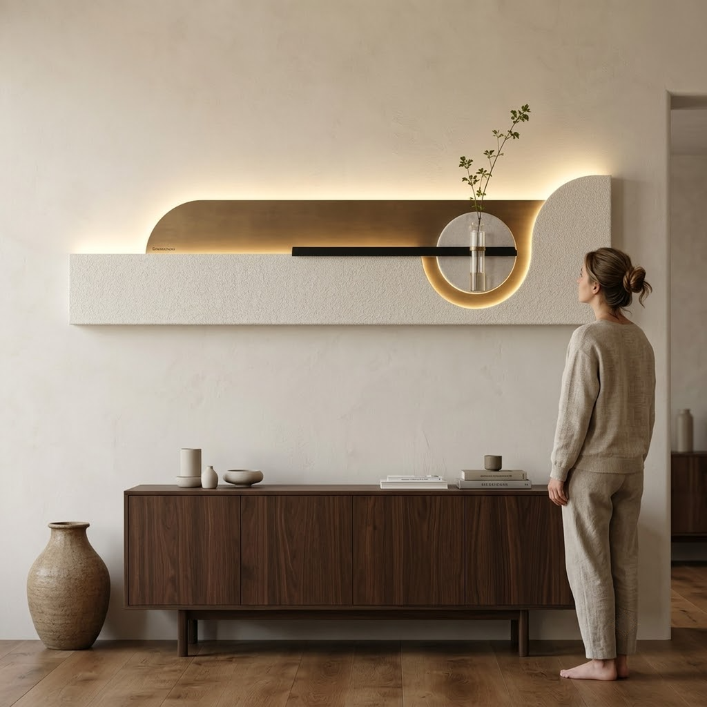 Cream / Arch backlit curved wall panel shown to scale beside a person for true size reference