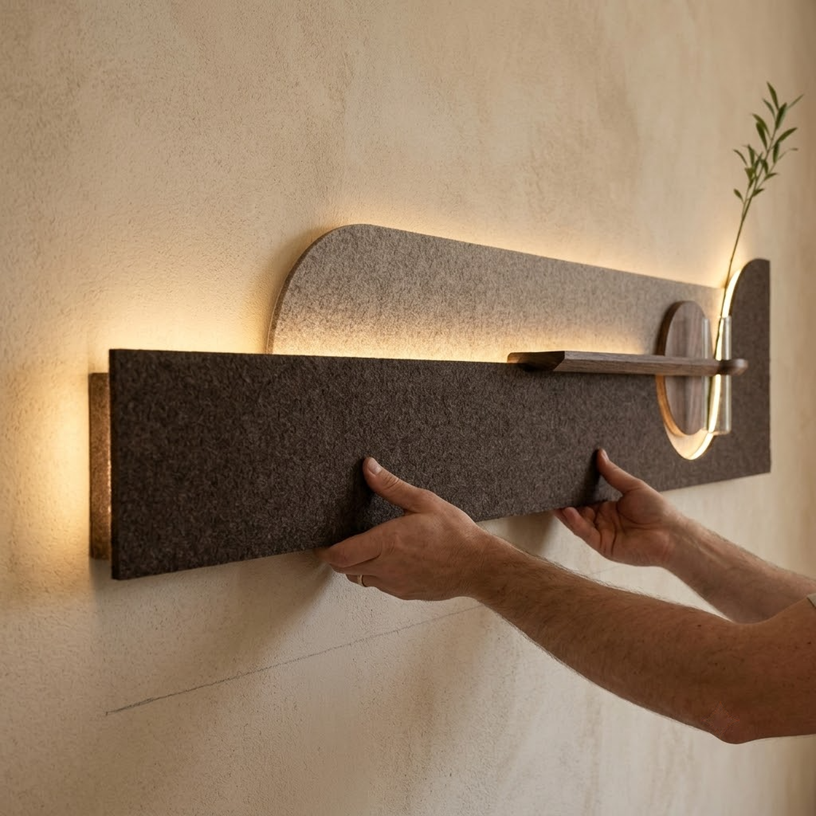 Mocha / Arch backlit curved wall panel shown being mounted, hardware visible, LED off