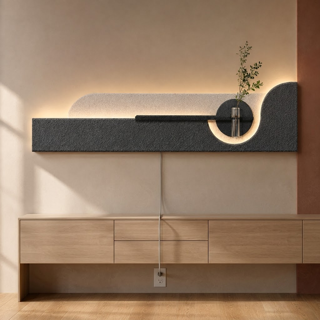 Charcoal / Arch backlit curved wall panel shown powered on with its cord routed to a wall outlet