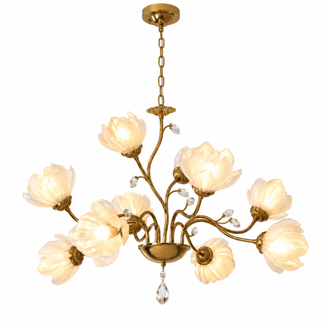 An ornate brass chandelier with nine flower-shaped frosted glass shades and clear crystal accents, shown against a solid white background.