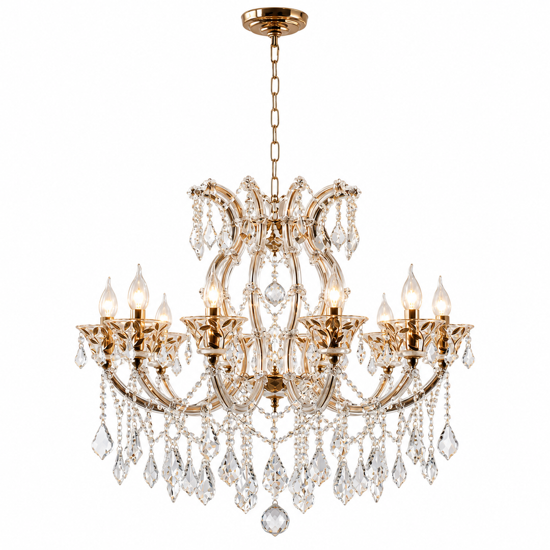 An ornate six-light crystal chandelier with a polished gold-tone metal frame and hanging clear glass prisms, shown against a plain white background.