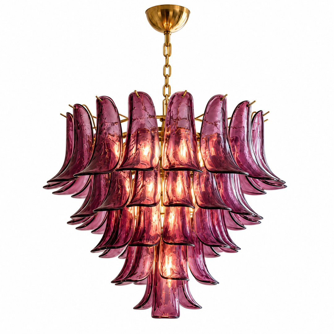 A multi-tiered chandelier featuring layered, petal-like purple glass shades with a polished gold brass canopy and chain, shown against a solid white background.