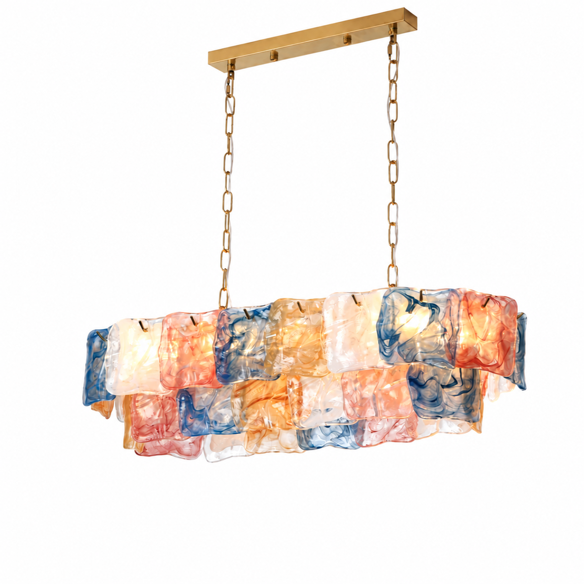 Linear chandelier with layered blue, peach, amber and milky glass panels hangs from gold-toned chains against a white background.