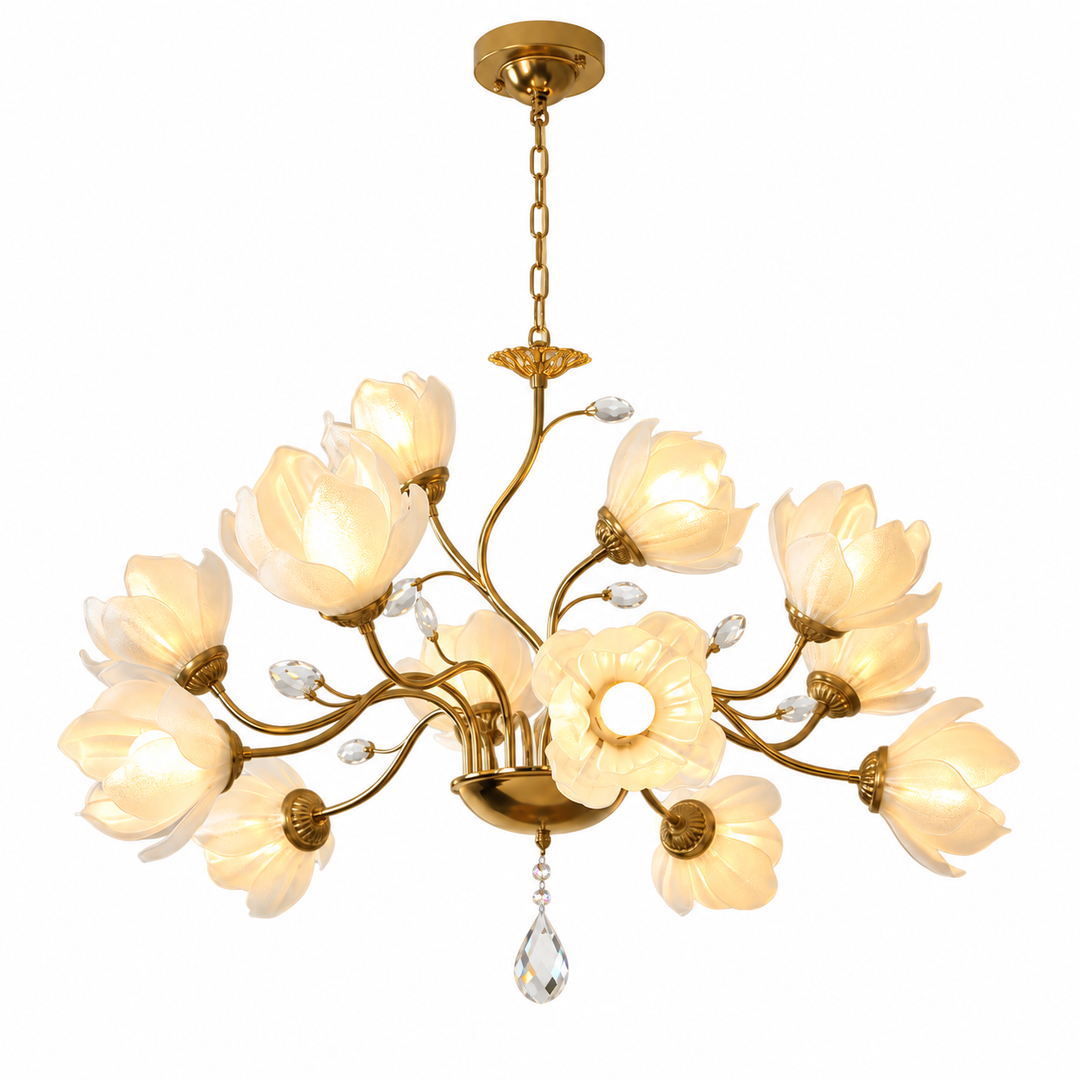 A multi-light floral chandelier with a gold-finished metal frame, featuring multiple warm white flower-shaped glass shades and a hanging crystal drop, shown against a plain white background.