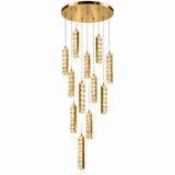 A modern multi-light linear chandelier with a brushed gold circular canopy and nine cascading cylindrical crystal prisms on a white background.