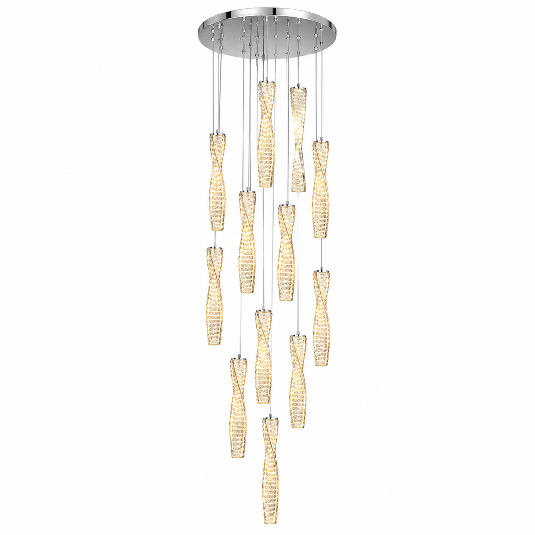 A modern multi-light chandelier with a circular silver ceiling canopy and twelve cascading textured glass shades that glow warm yellow, suspended against a plain white background.