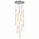 A modern multi-light chandelier with a circular silver ceiling canopy and twelve cascading textured glass shades that glow warm yellow, suspended against a plain white background.