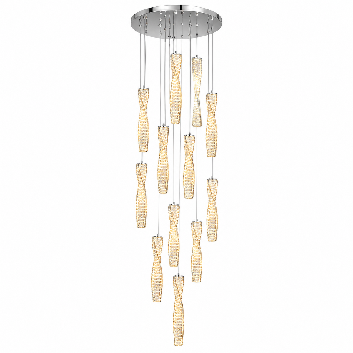 A modern multi-light chandelier with a circular silver ceiling canopy and twelve cascading textured glass shades that glow warm yellow, suspended against a plain white background.