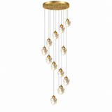A modern multi-light linear chandelier with a gold circular ceiling canopy, gold-finished suspension rods, and faceted clear crystal pendant globes arranged in a staggered vertical line on a plain white background.