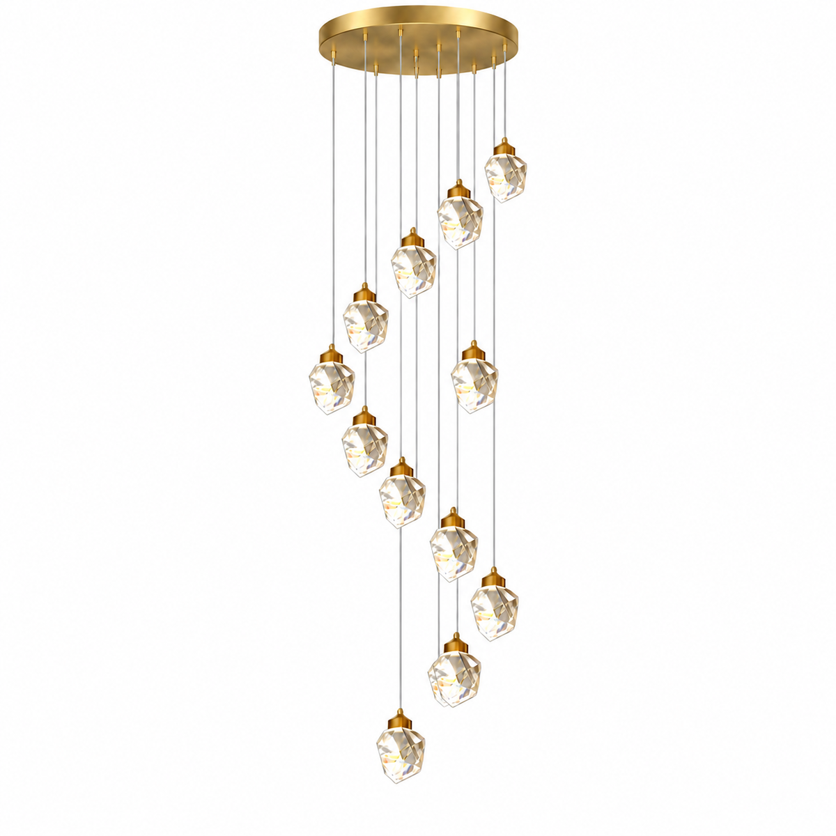 A modern multi-light linear chandelier with a gold circular ceiling canopy, gold-finished suspension rods, and faceted clear crystal pendant globes arranged in a staggered vertical line on a plain white background.