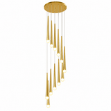 A modern multi-light linear chandelier with a brushed gold finish, featuring multiple tapered glass shades of varying lengths hanging from a circular canopy against a solid white background.