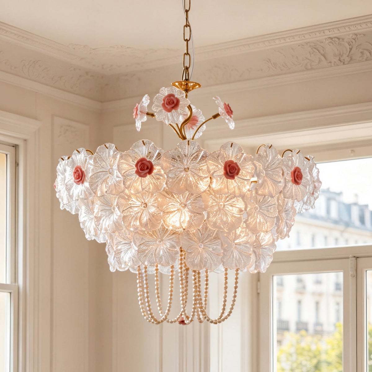 A vintage-style floral chandelier with clear glass flower petals, pink rose centers, and gold-toned metal hardware, hanging in a classic cream-colored room with ornate molding and windows.