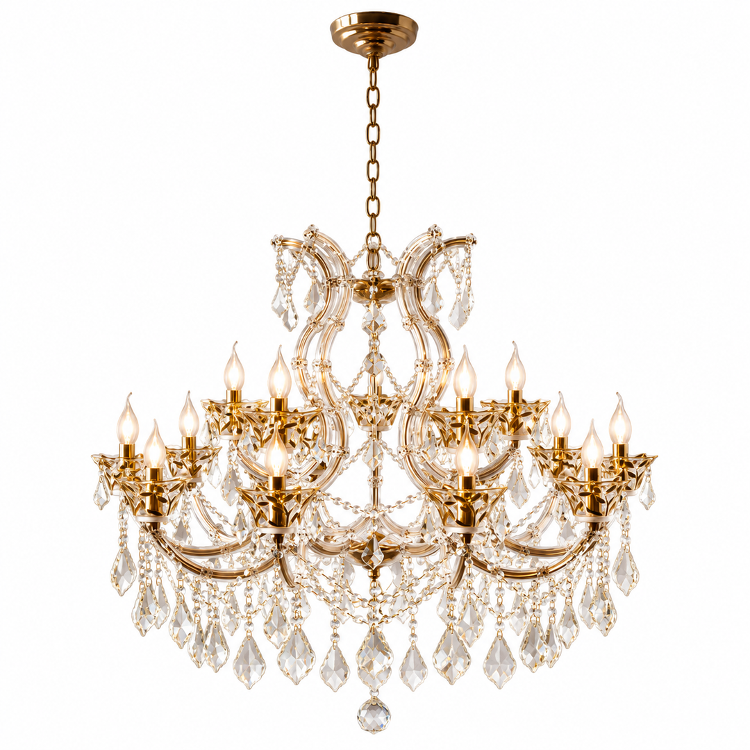 A multi-arm gold chandelier with clear crystal hanging drops and candle-style bulbs, shown against a plain white background.