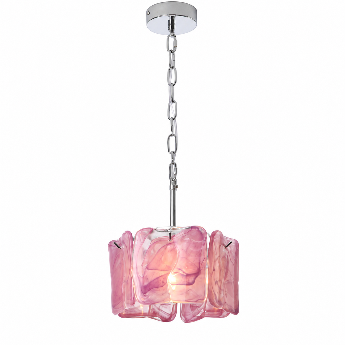 A modern pendant light with a polished chrome chain and ceiling canopy, featuring a fluted, translucent pink glass shade that glows with a warm light from within.