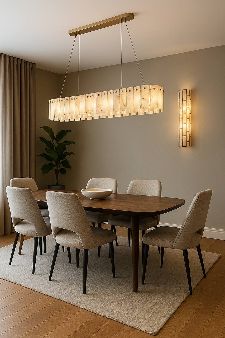 A modern dining room scene featuring a rectangular wooden dining table surrounded by six upholstered dining chairs, under a long horizontal linear pendant light and a vertical wall sconce.